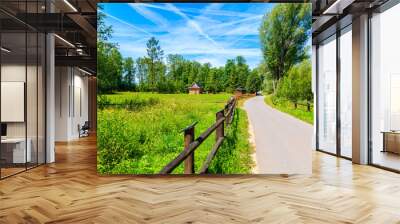 Cycling way along green meadow and mountain house in background near Czorsztynskie lake on sunny summer day, Pieniny Mountains, Poland Wall mural