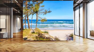 Entrance to beautiful white sand beach with blue sea near Kolobrzeg, Baltic Sea coast, Poland Wall mural