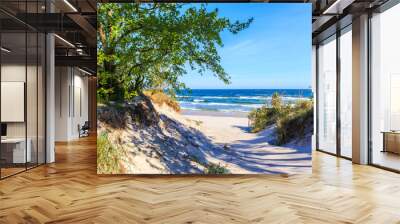 Entrance to beautiful white sand beach with blue sea near Kolobrzeg, Baltic Sea coast, Poland Wall mural