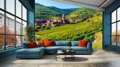 Green vineyards and view of Kayserberg medieval village on Alsatian Wine Route, France Wall mural