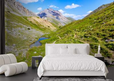 Woman tourist cycling on mtb bike in beautiful Alpisella valley on sunny summer day, Alps Mountains, Italy Wall mural