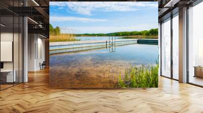 Wooden pier and beach on shore of beautiful Wigry lake, Wigry National Park, Podlasie, Poland Wall mural