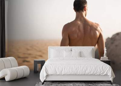 Strong shirtless muscular man standing above the desert dunes horizon on top of mountain. Back view. Wall mural