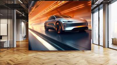 A modern electric SUV car speeds along a highway bridge with a city skyline in the background Wall mural