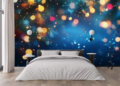 Abstract Bokeh Christmas Lights on Dark Blue Holiday Backdrop for Festive Design Wall mural