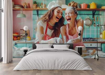 Best friends having fun baking together in cheerful kitchen Wall mural