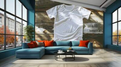 Blank White T-Shirt on Rustic Wooden Table with Natural Light for Casual Apparel Design Mockup Wall mural