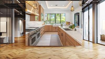 Bright and Organic Transitional Kitchen with Natural Wood Cabinetry and Quartz Countertops Wall mural