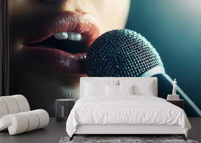 Closeup of Singer's Lips Near Microphone With Soft Focus Background and Copy Space for Branding Wall mural