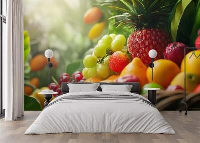 Colorful Assortment of Fresh Organic Fruits in Rustic Wicker Basket Wall mural