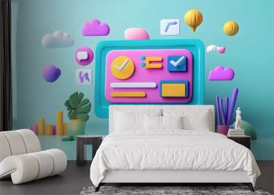 Colorful digital workspace with modern icons and interface on computer monitor Wall mural