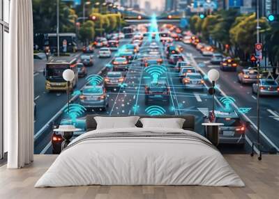 Connected Autonomous Vehicles Driving Through a Modern City, To convey the concept of advanced and connected transportation technology in urban life, Wall mural