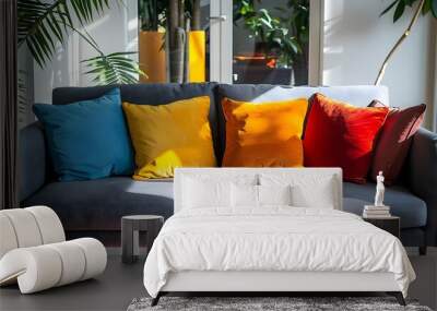 Cozy and Vibrant Sofa with Colorful Cushions in Stylish Living Room Interior Wall mural