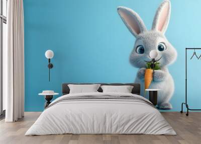 Cute and Adorable Cartoon Bunny Eating Carrot on Blue Background Wall mural