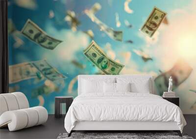 Dollars Cascading Against a Blue Sky, Conceptualizing Financial Abundance and Wealth Wall mural