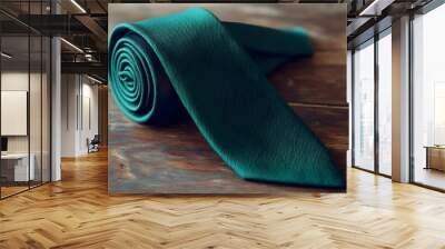 Elegant Green Tie in Classic Windsor Knot Laid on Wooden Table Wall mural