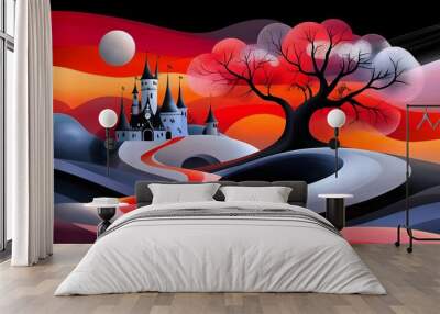 Enchanting Fairytale Landscape with Castle,Tree,and Sunset Sky Wall mural