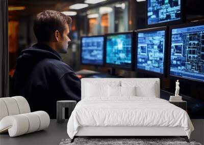 Engineer analyzing complex data on multiple computer screens in a high-tech control room. Wall mural