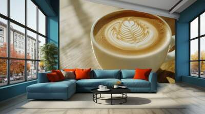 Foamy Latte Art in a White Cup on Wooden Table with Soft Shadows Wall mural