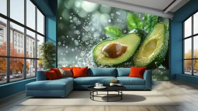 Fresh Avocado Halves with Vibrant Green Leaves and Water Splash on Textured Background Wall mural