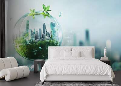 Futuristic glass sphere with green city skyline reflecting in it,representing sustainability and Wall mural