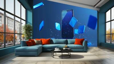 Futuristic Mobile Device with Floating 3D Popup Chat Bubbles in Blue Tone Wall mural