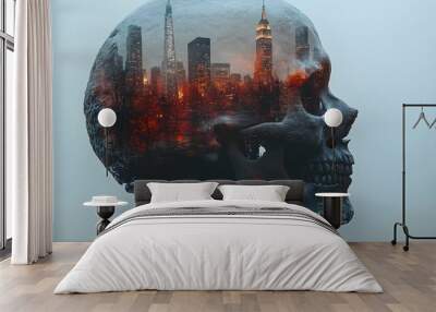 Futuristic Skull Cityscape with Glowing Dome Reflection in Dark Dystopian Urban Landscape Wall mural