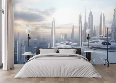 Futuristic Skyline of a Sleek and Innovative Cityscape at Sunset Wall mural