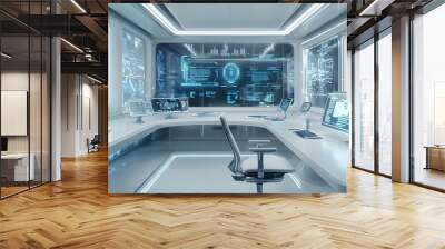 Futuristic Workspace with Holographic Interfaces Symbolizing Innovation and Technology in Business Wall mural