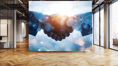 Global Business Professionals Shaking Hands with Digital Network Overlay in Modern Office Wall mural