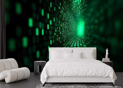 Glowing Green Futuristic Digital Tunnel with Flowing Binary Code Matrix Background Wall mural