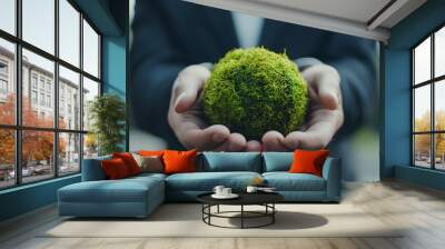 Hands Holding Green Moss Sphere Symbolizing Nature Conservation and Sustainable Future Wall mural