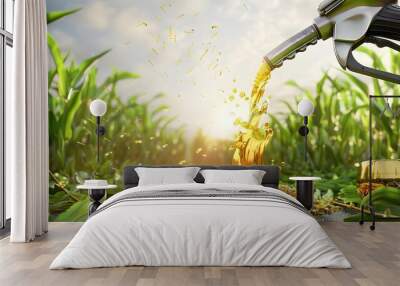 Harvested corn crop being processed for biofuel production in agricultural field with green plants Wall mural