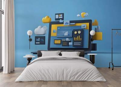 Laptop with Digital Analytics and Reporting Dashboard on Blue Background Wall mural