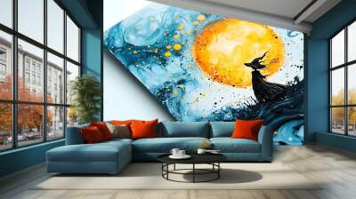 Mystical Nightscape with Crescent Moon and Silhouetted Witch Wall mural