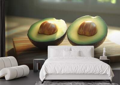 Organic Avocado Halves on Wooden Board,3D Wall mural