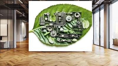 Organic Leaf with Embedded Industrial Machinery Elements on White Background Wall mural