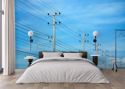 Power lines on the blue sky Wall mural