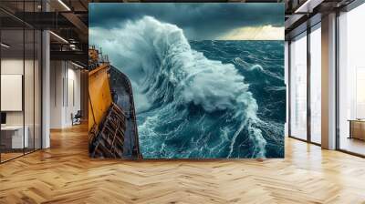 Powerful Rogue Wave Crashing into Cargo Ship During Stormy Seas Wall mural