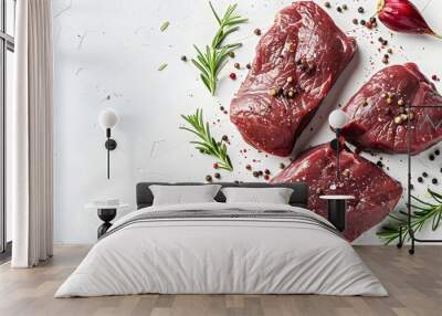 Rustic Venison Steaks on White Background,Exotic Game Concept Wall mural