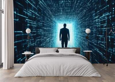 Silhouette Navigating a Maze of Digital Ideas,Symbolizing the Path to Business Innovation Wall mural