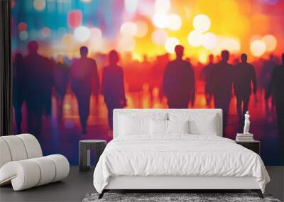 Silhouetted Crowd in Motion with Glowing Diverse Backgrounds and Stances Wall mural