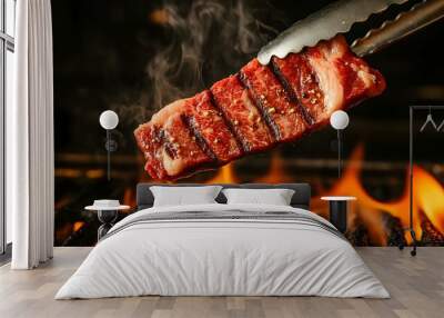 Sizzling Char-Grilled Steak on Fiery Grill with Flaming Embers Wall mural