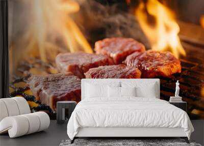 Sizzling Steaks on Flaming Grill,Mouth-Watering Culinary Delight in Restaurant Kitchen Wall mural