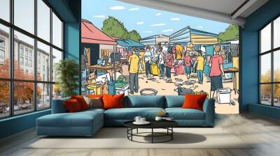 Sketch of a Vibrant Swap Meet for Exchanging Goods and Reducing Waste Wall mural