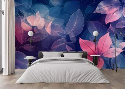 Soft Botanical Pattern with Organic Leaf and Flower Doodle on Background Wall mural