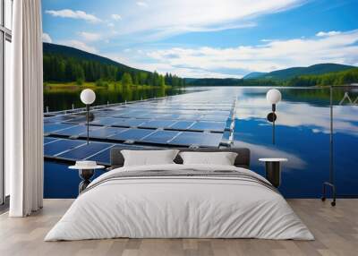 Solar Energy Innovation, Floating Panels on Tranquil Lake Surface Wall mural