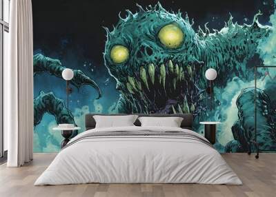 Terrifying Primordial Creature with Glowing Eyes and Razor-Sharp Teeth in a Nightmarish Underwater Wall mural