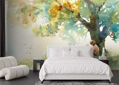 Tranquil Watercolor of a Parent Reading to Child Under Verdant Tree Wall mural