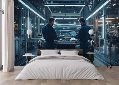 Two engineers inspecting car model on production line in modern industrial factory Wall mural